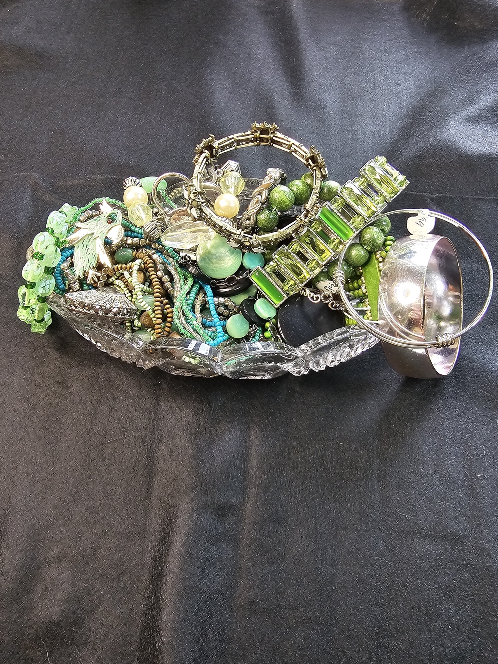 Green Mixed Bead and Bangle Bracelet And Necklace Lot